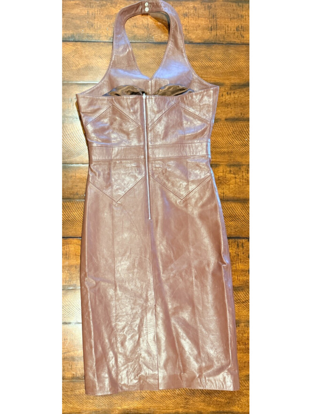 Designer Quality Brown Leather Halter Dress, Retro 80's Style Size XS RARE! - Picture 3 of 15
